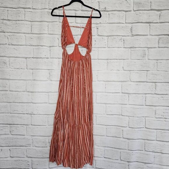 Lulus Womens Rust Striped Rayon Open Back Cutout Maxi Dress Size Medium - Picture 9 of 16